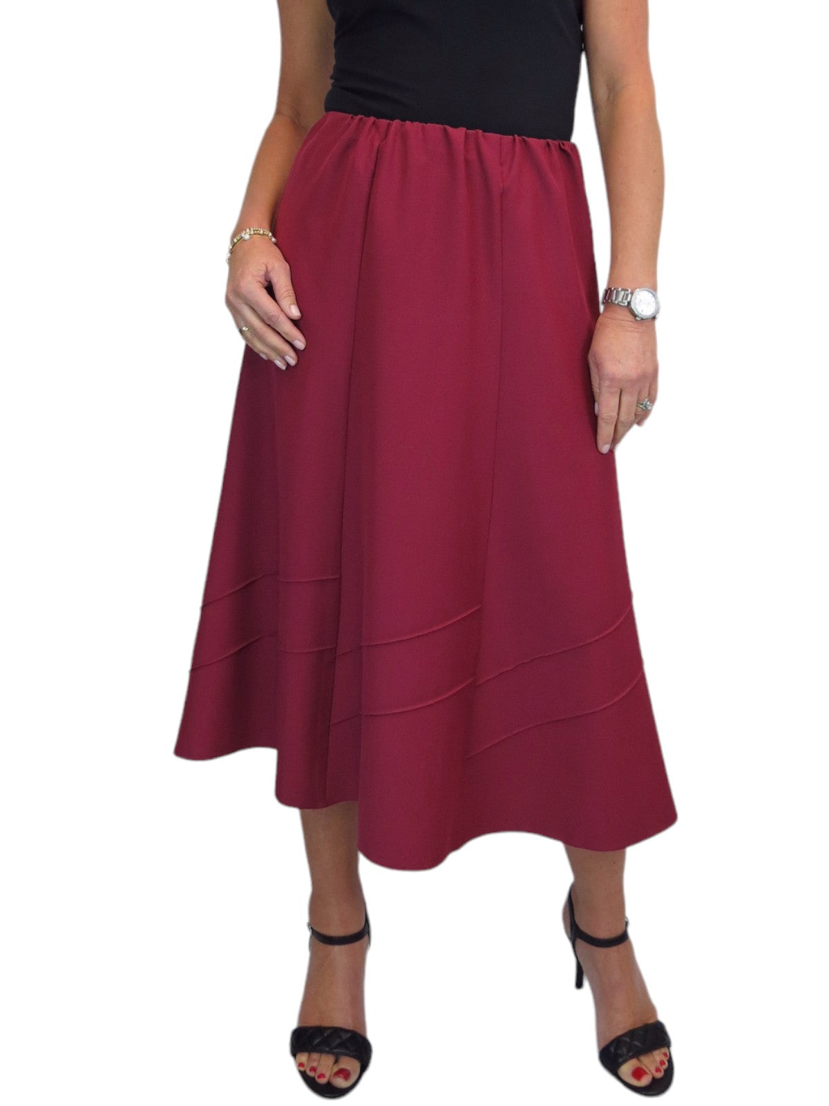 Women s Smart Flared Midi Skirt Elastic Waist Burgundy Icecoolfashion