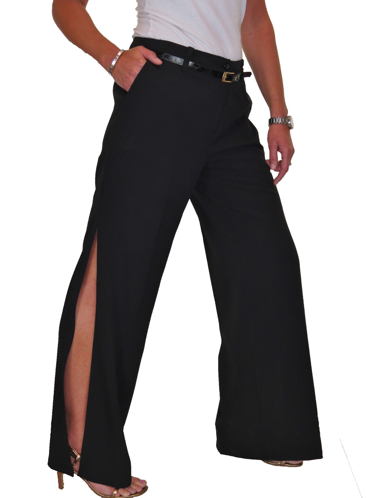 Ladies Side Split Wide Leg Trousers Black