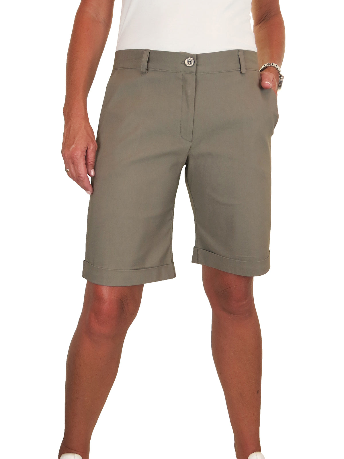 Ladies Above The Knee Stretch Shorts Khaki Green Icecoolfashion