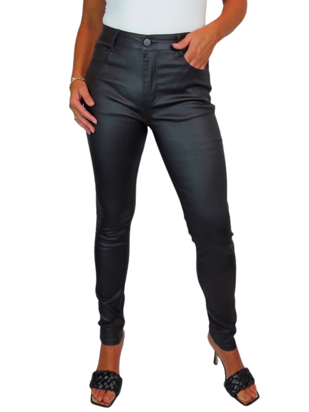 Womens High Waist Stretch Leather Look Jeans Black