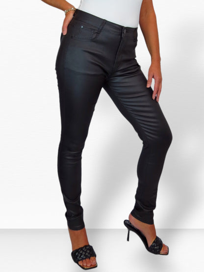 Womens High Waist Stretch Leather Look Jeans Black