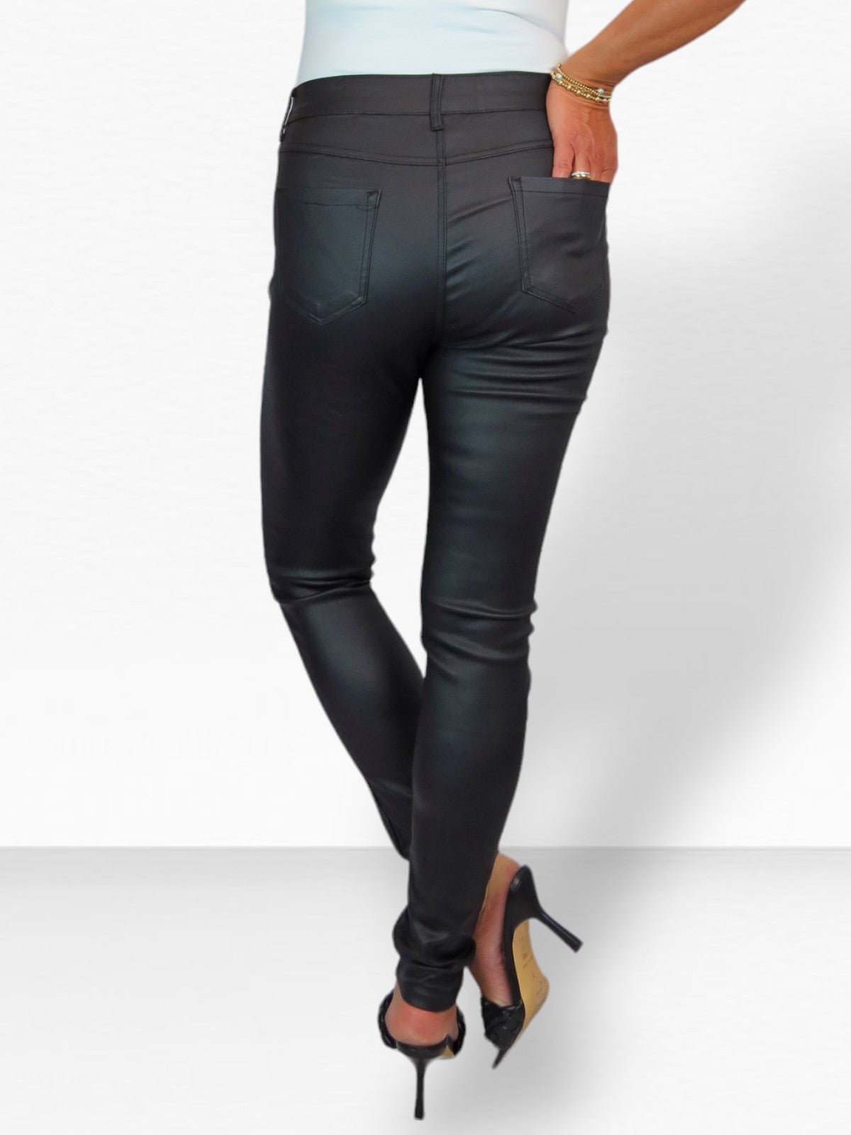 Womens High Waist Stretch Leather Look Jeans Black