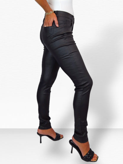 Womens High Waist Stretch Leather Look Jeans Black