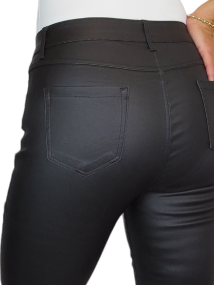 Womens High Waist Stretch Leather Look Jeans Black