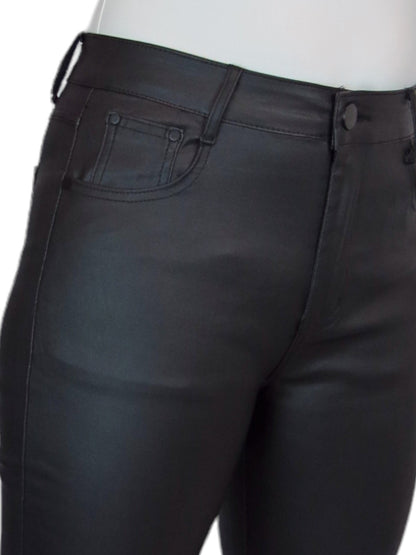 Womens High Waist Stretch Leather Look Jeans Black