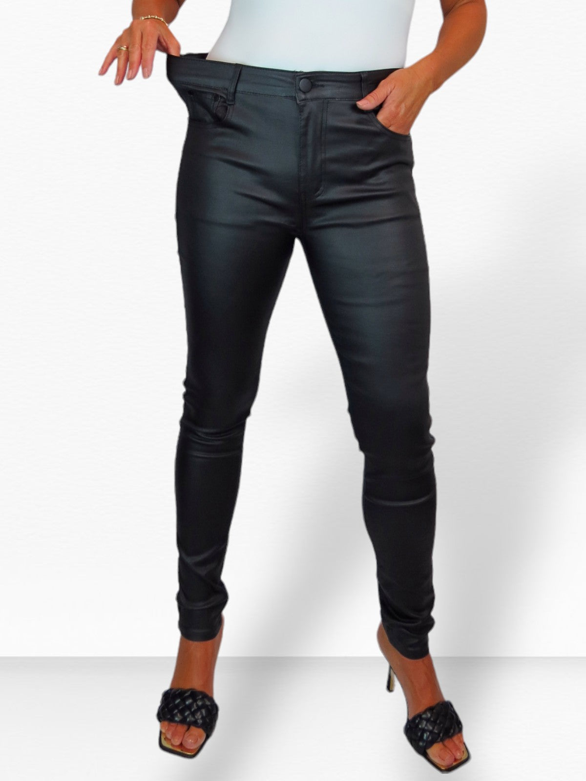 Womens High Waist Stretch Leather Look Jeans Black