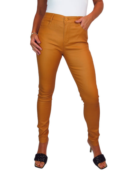 Womens High Waist Stretch Leather Look Jeans Mustard Yellow