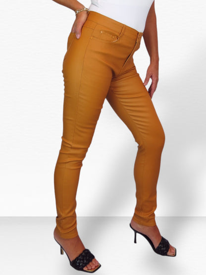 Womens High Waist Stretch Leather Look Jeans Mustard Yellow