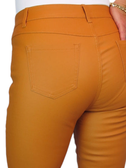 Womens High Waist Stretch Leather Look Jeans Mustard Yellow