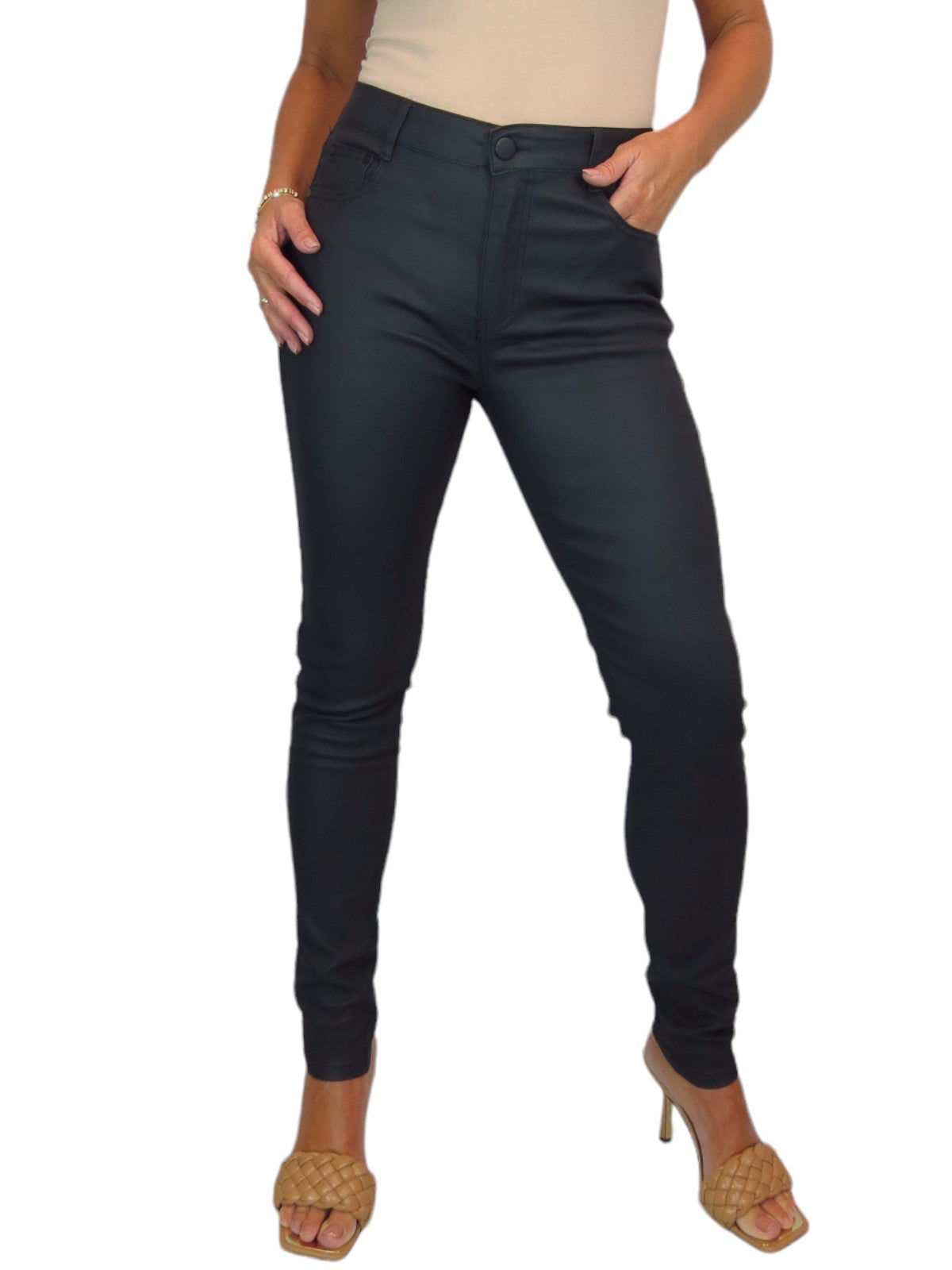 Womens High Waist Stretch Leather Look Jeans Matte Black