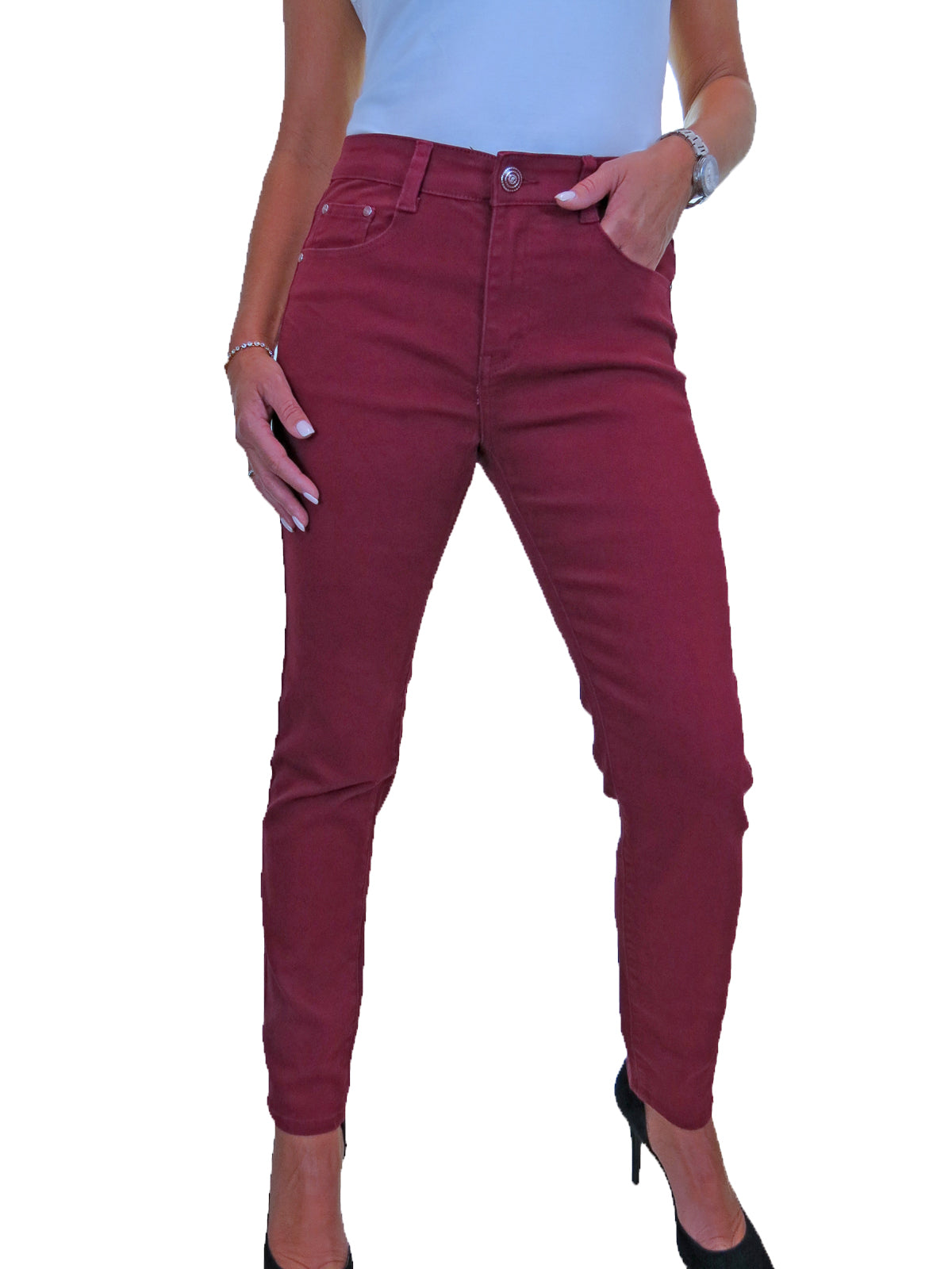 Womens High Waist Stretch Denim Jeans Burgundy Red