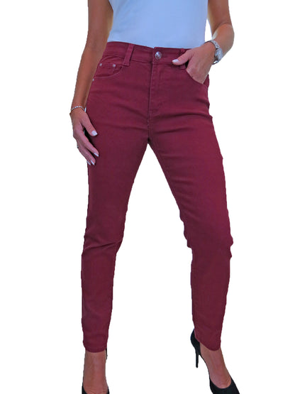 Womens High Waist Stretch Denim Jeans Burgundy Red