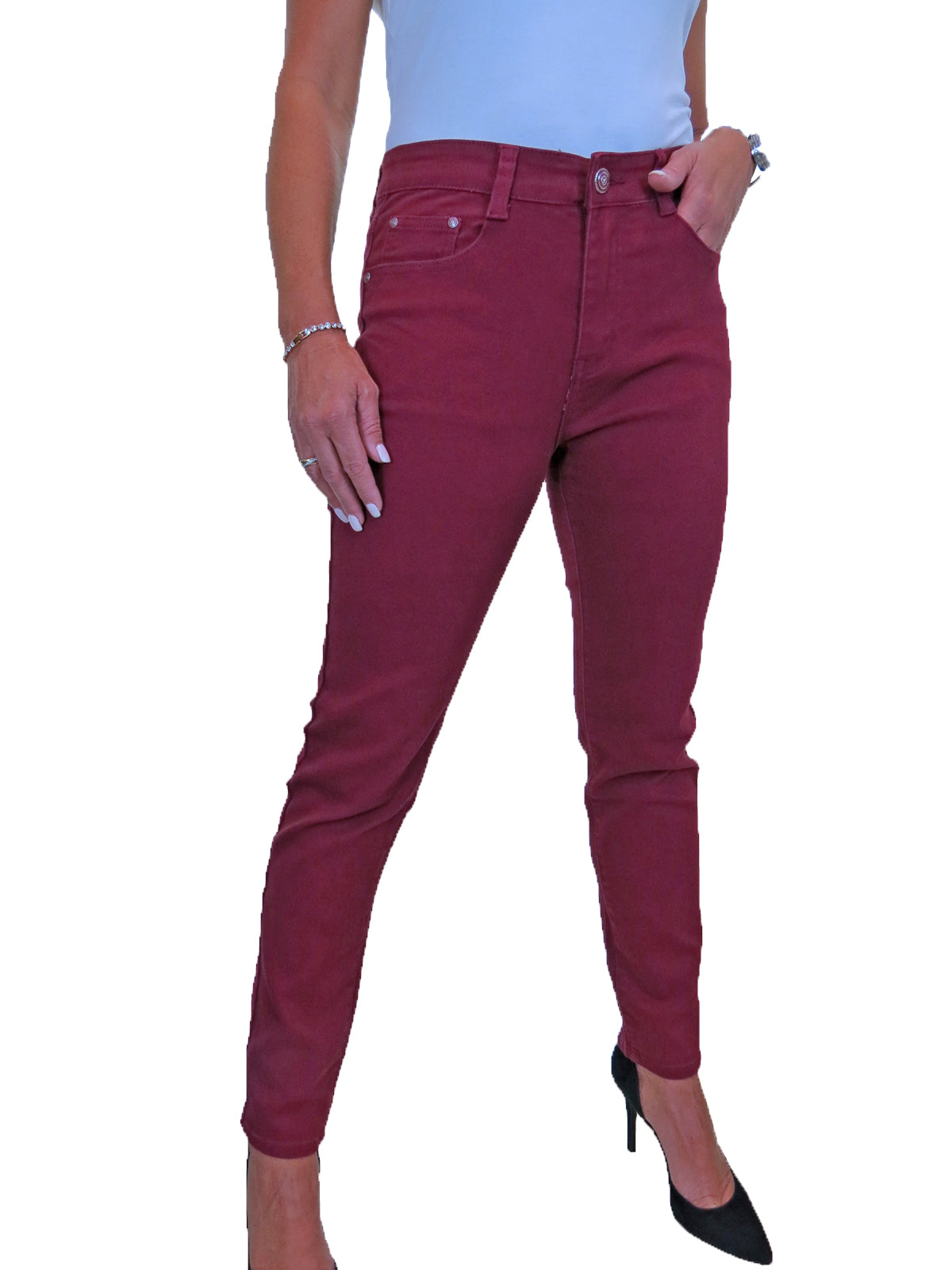 Womens High Waist Stretch Denim Jeans Burgundy Red