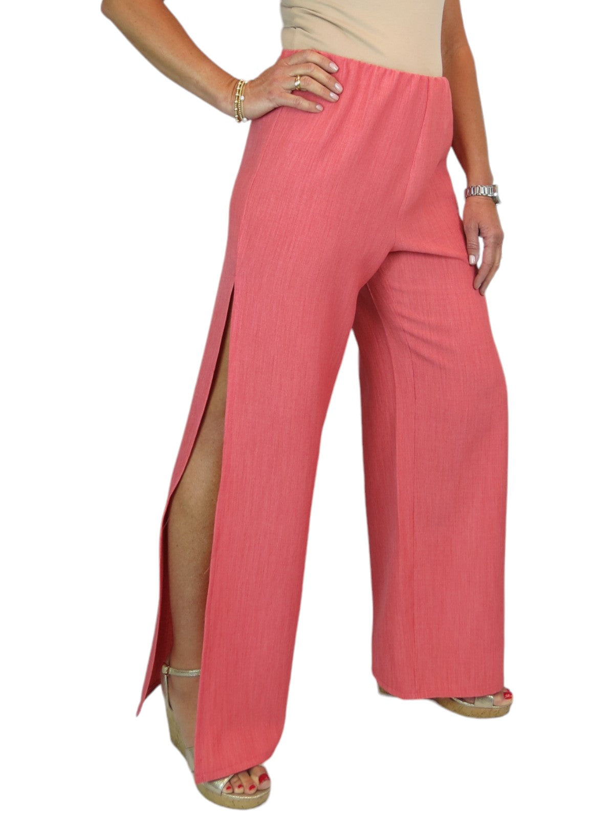 Women's Linen Look Open Leg Trousers Coral