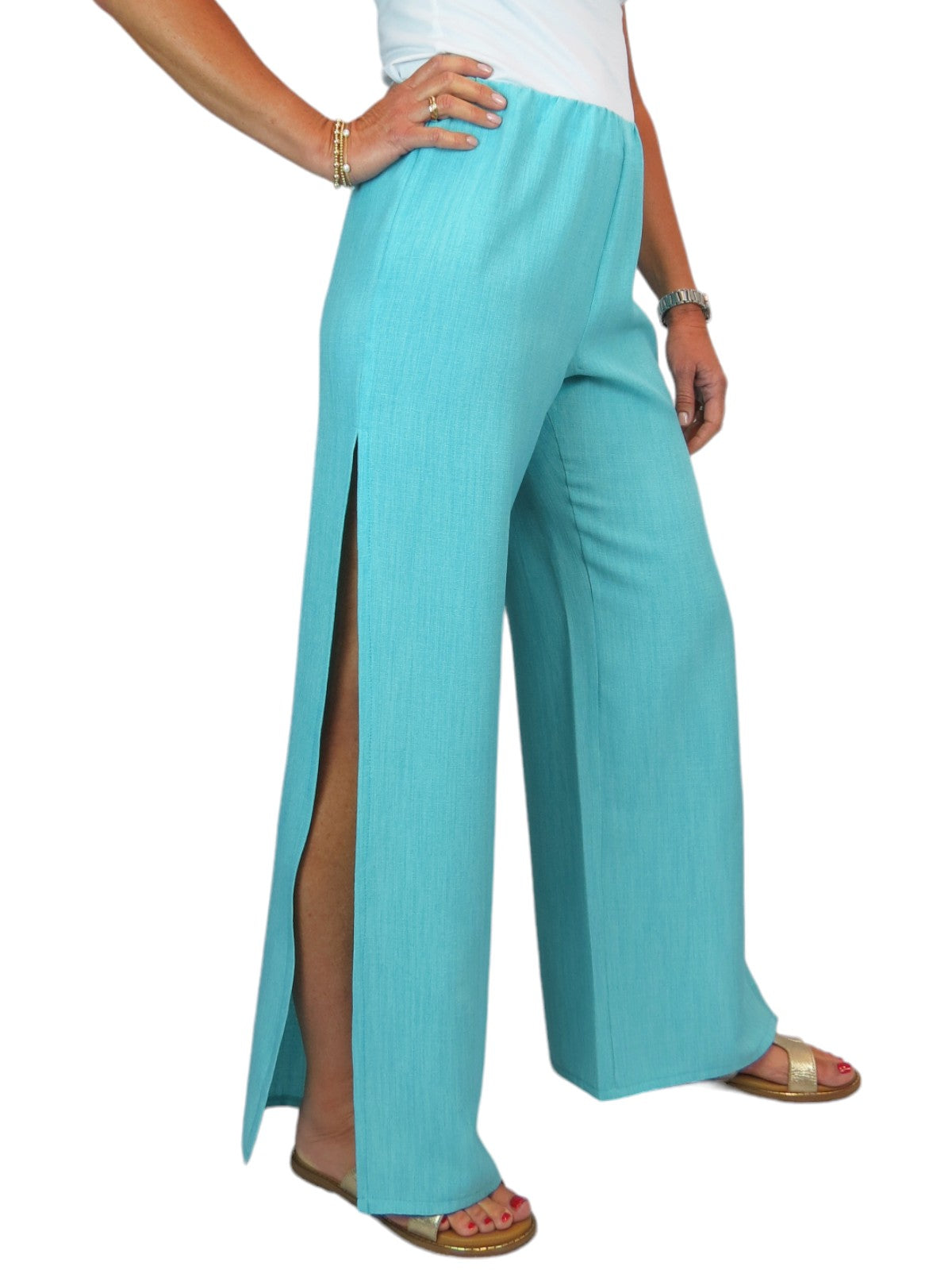 Women's Linen Look Open Leg Trousers Turquoise