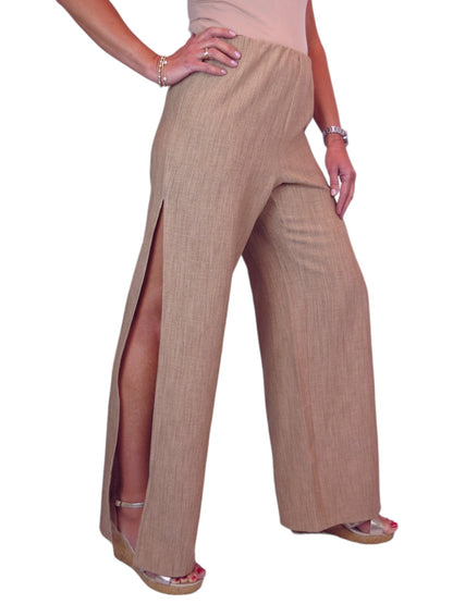 Women's Linen Look Open Leg Trousers Tan