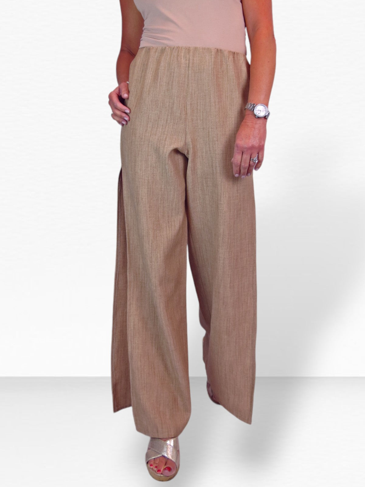 Women's Linen Look Open Leg Trousers Tan