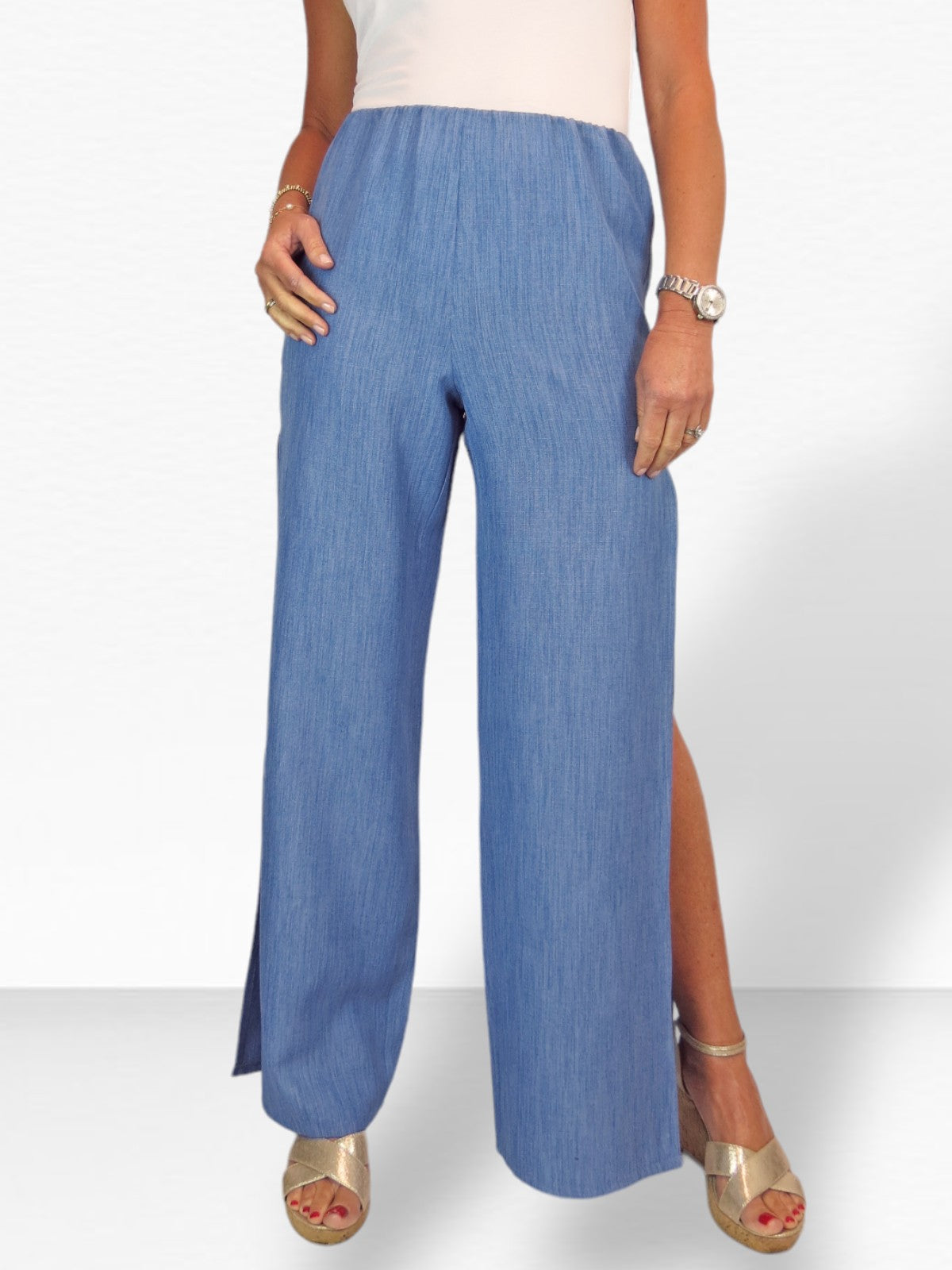 Women's Linen Look Open Leg Trousers Denim Blue