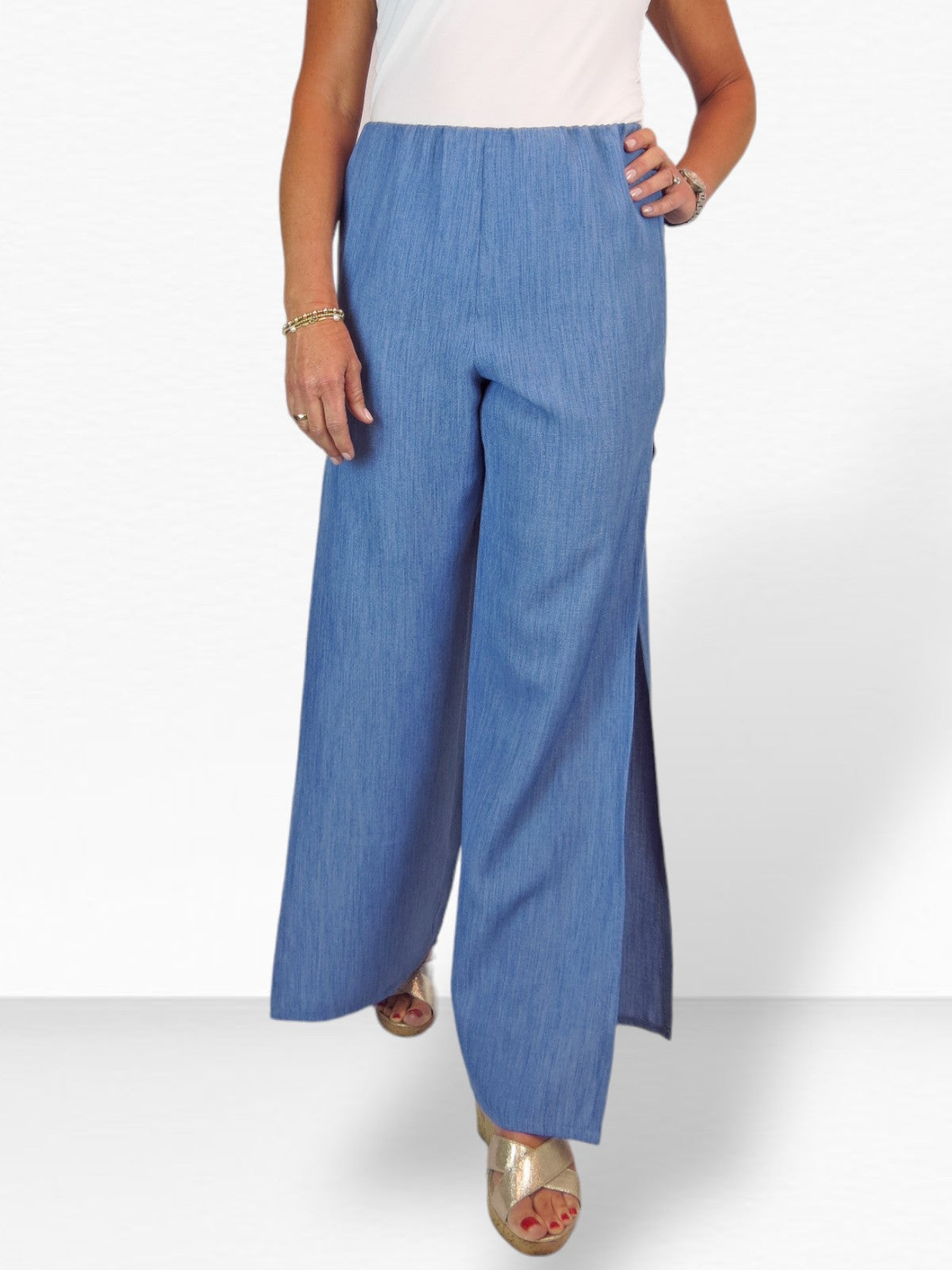 Women's Linen Look Open Leg Trousers Denim Blue