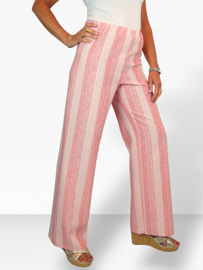 Women's Wide Leg Striped Linen Trousers Coral