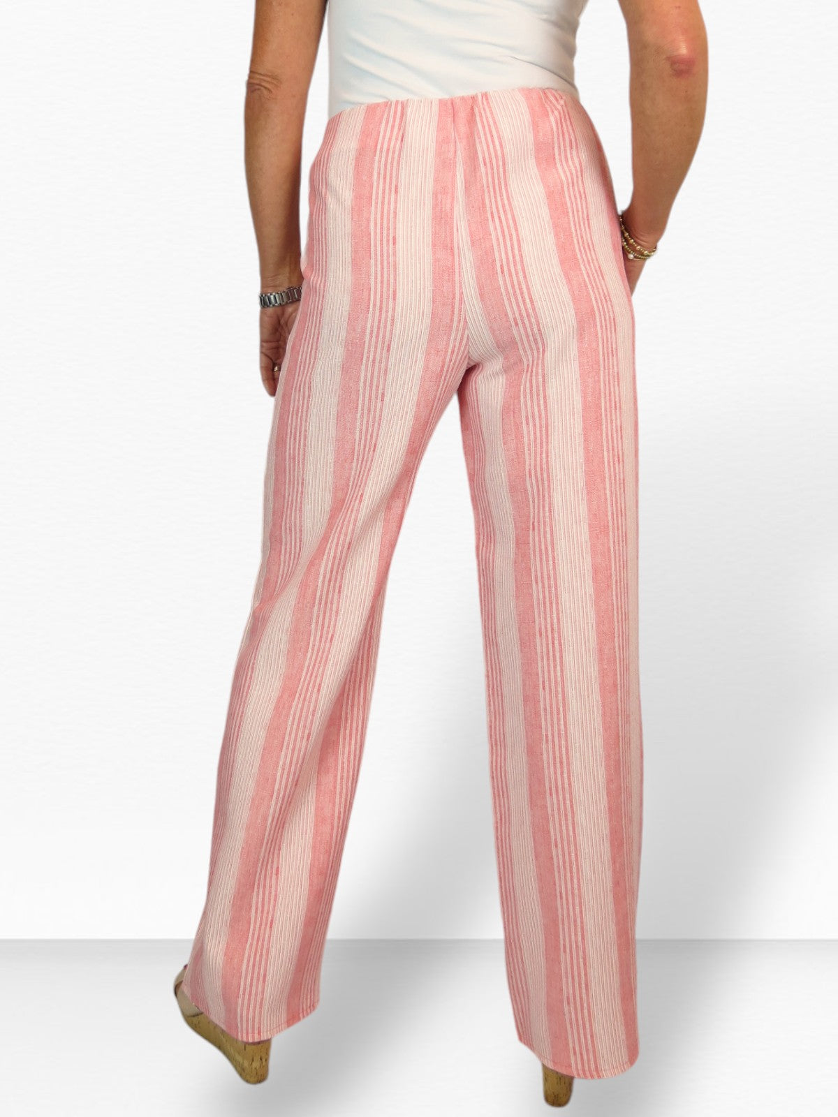 Women's Wide Leg Striped Linen Trousers Coral