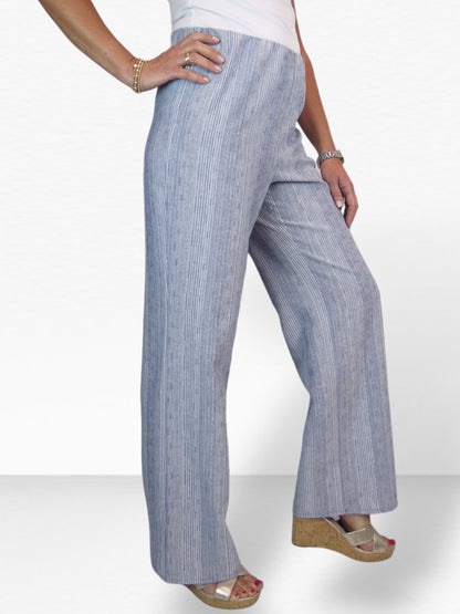 Women's Wide Leg Striped Linen Trousers Denim Blue