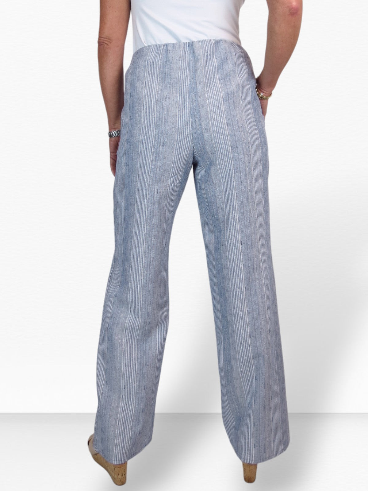 Women's Wide Leg Striped Linen Trousers Denim Blue