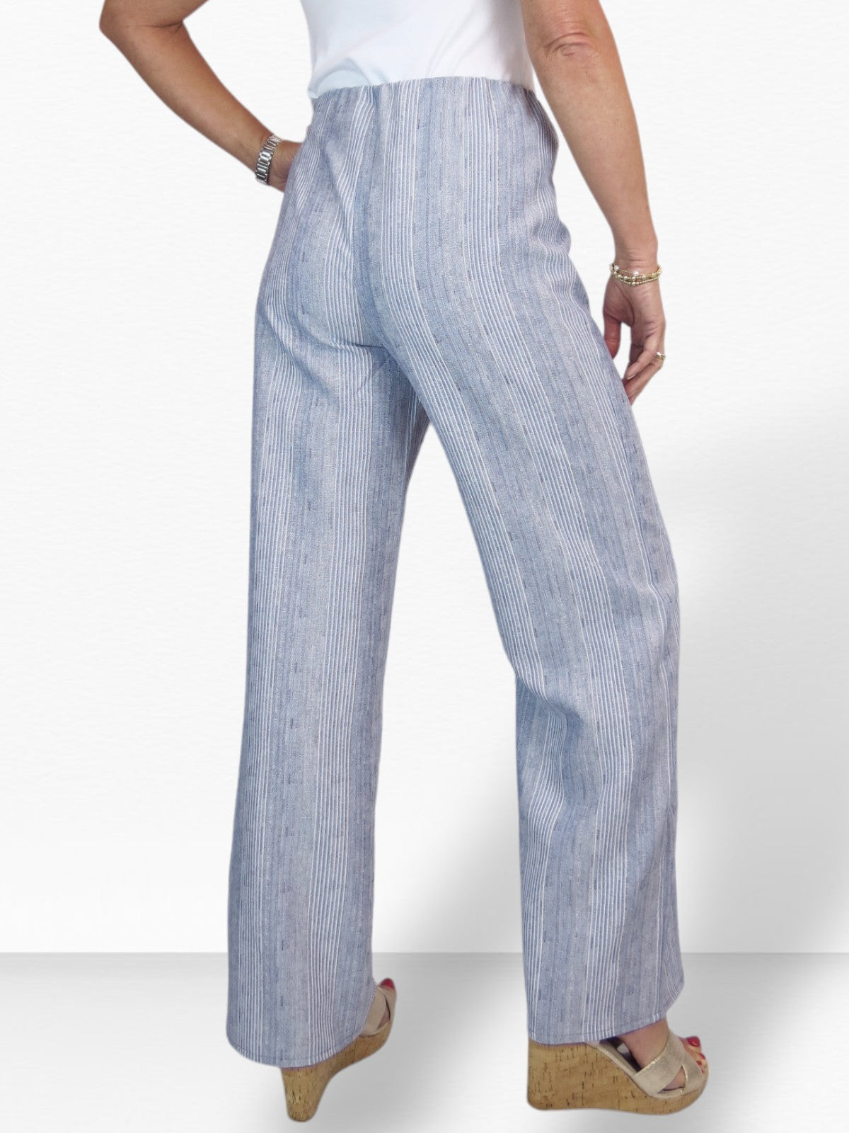 Women's Wide Leg Striped Linen Trousers Denim Blue