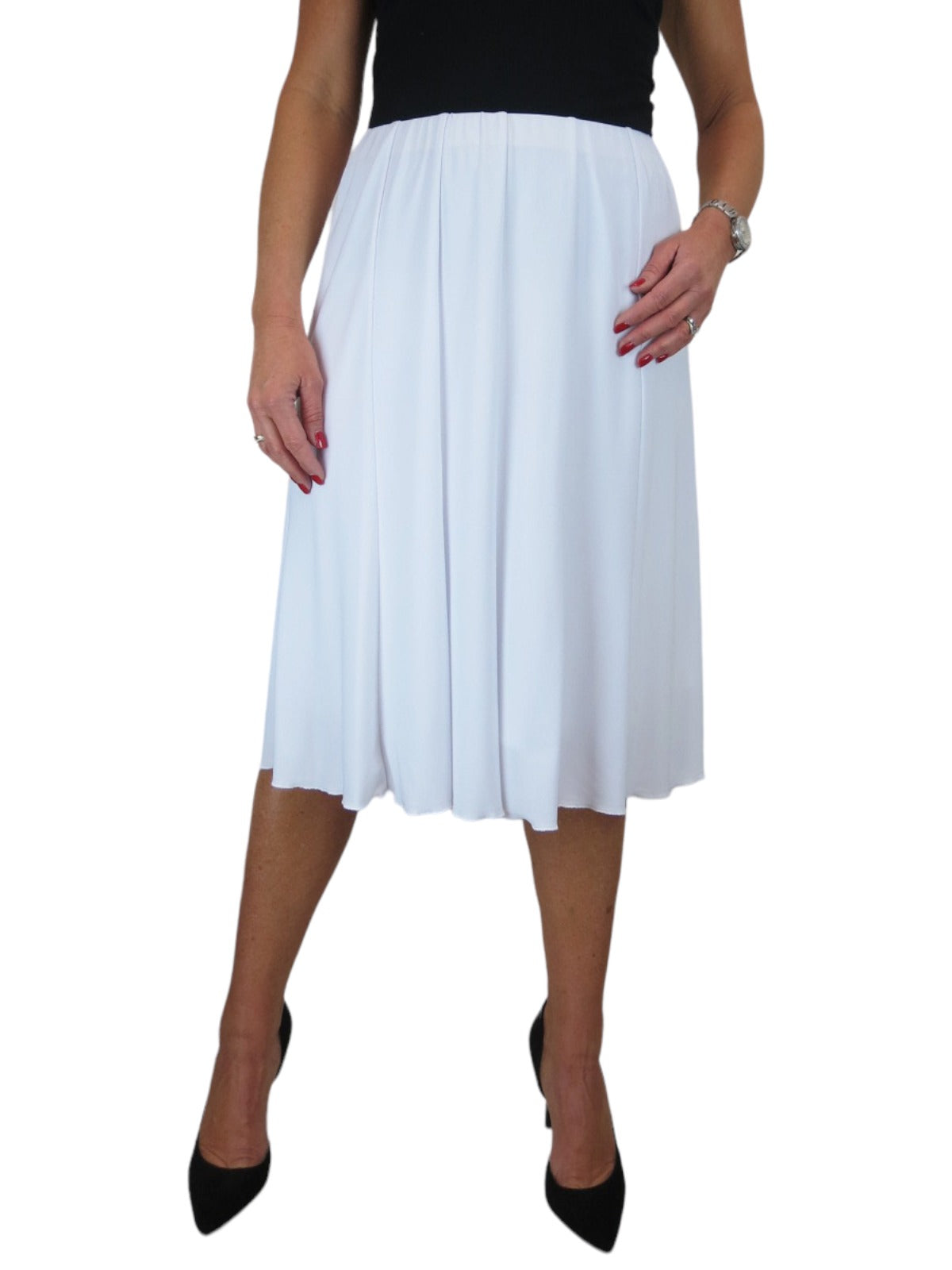 Fully Lined Stretch Below Knee Flare Skirt White