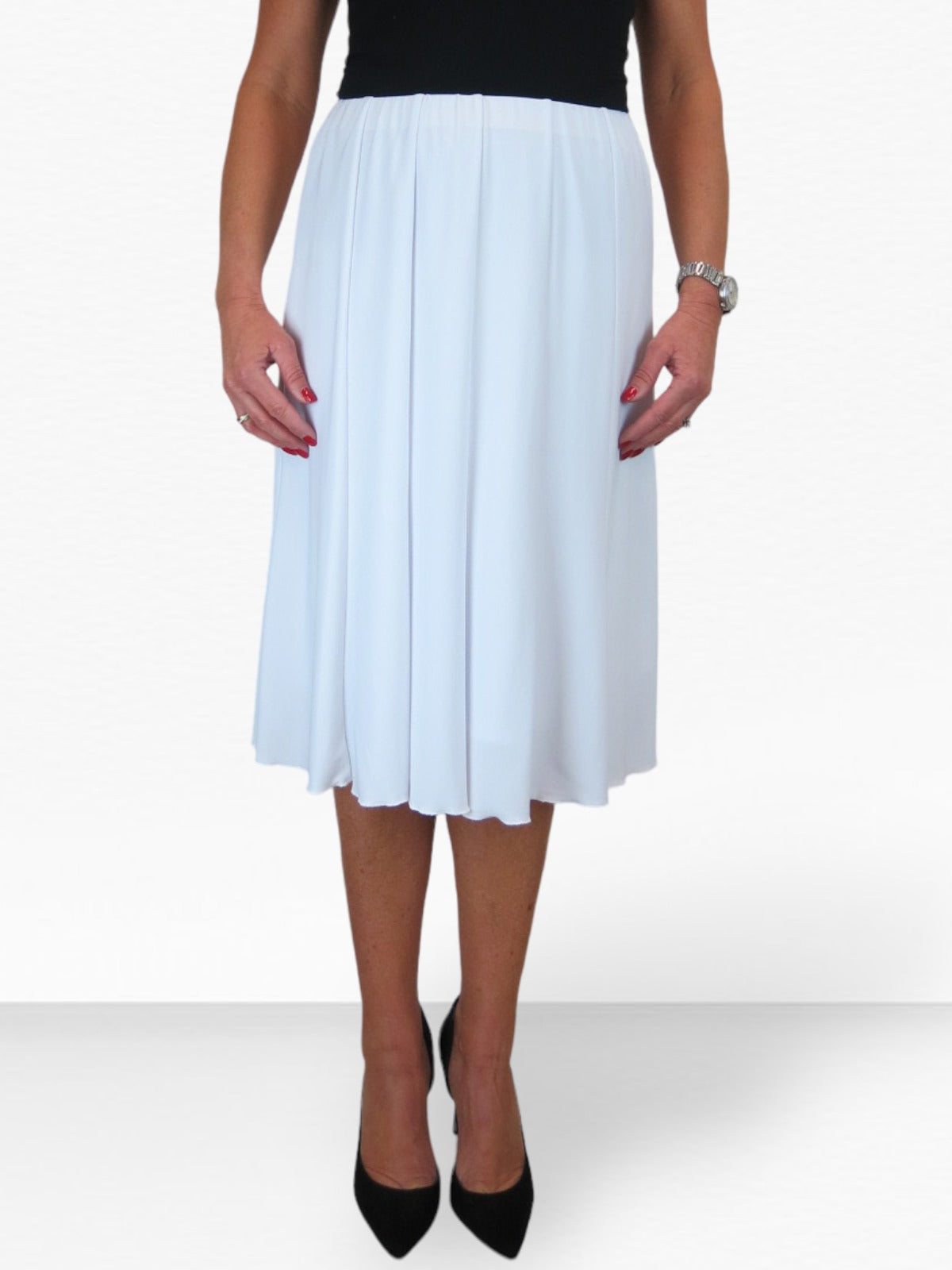 Fully Lined Stretch Below Knee Flare Skirt White