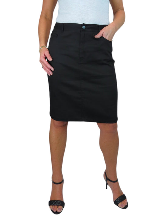 Women's Knee Length Stretch Chino Pencil Skirt Black