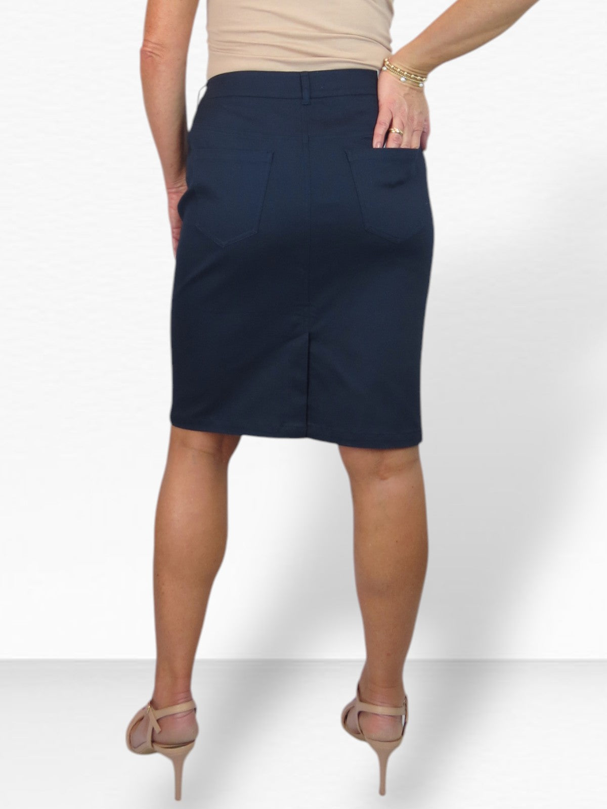 Women's Knee Length Stretch Chino Pencil Skirt Navy Blue