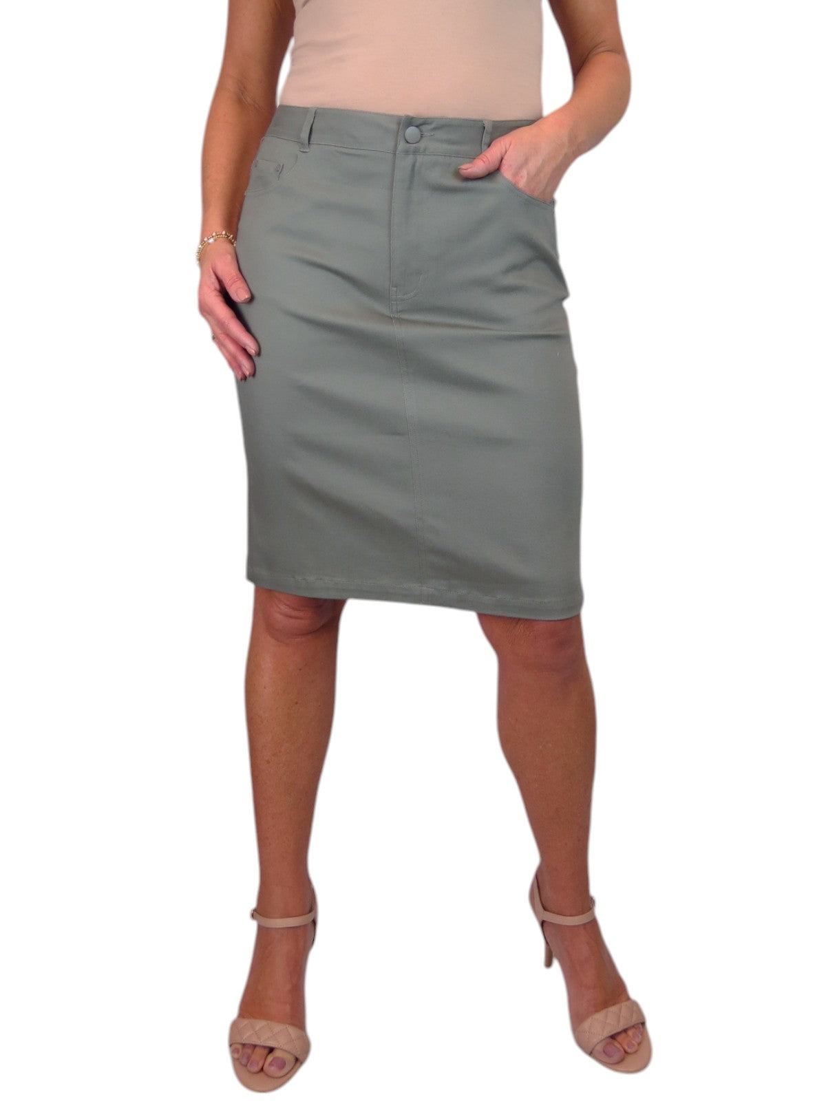 Women's Knee Length Stretch Chino Pencil Skirt Khaki Green