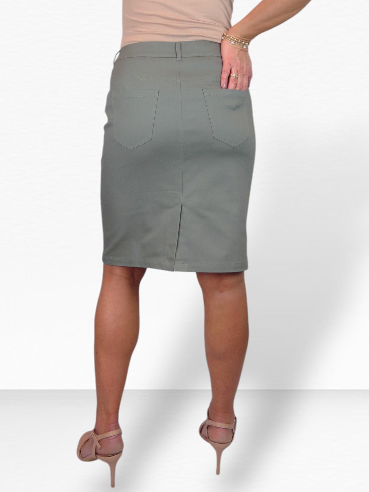 Women's Knee Length Stretch Chino Pencil Skirt Khaki Green