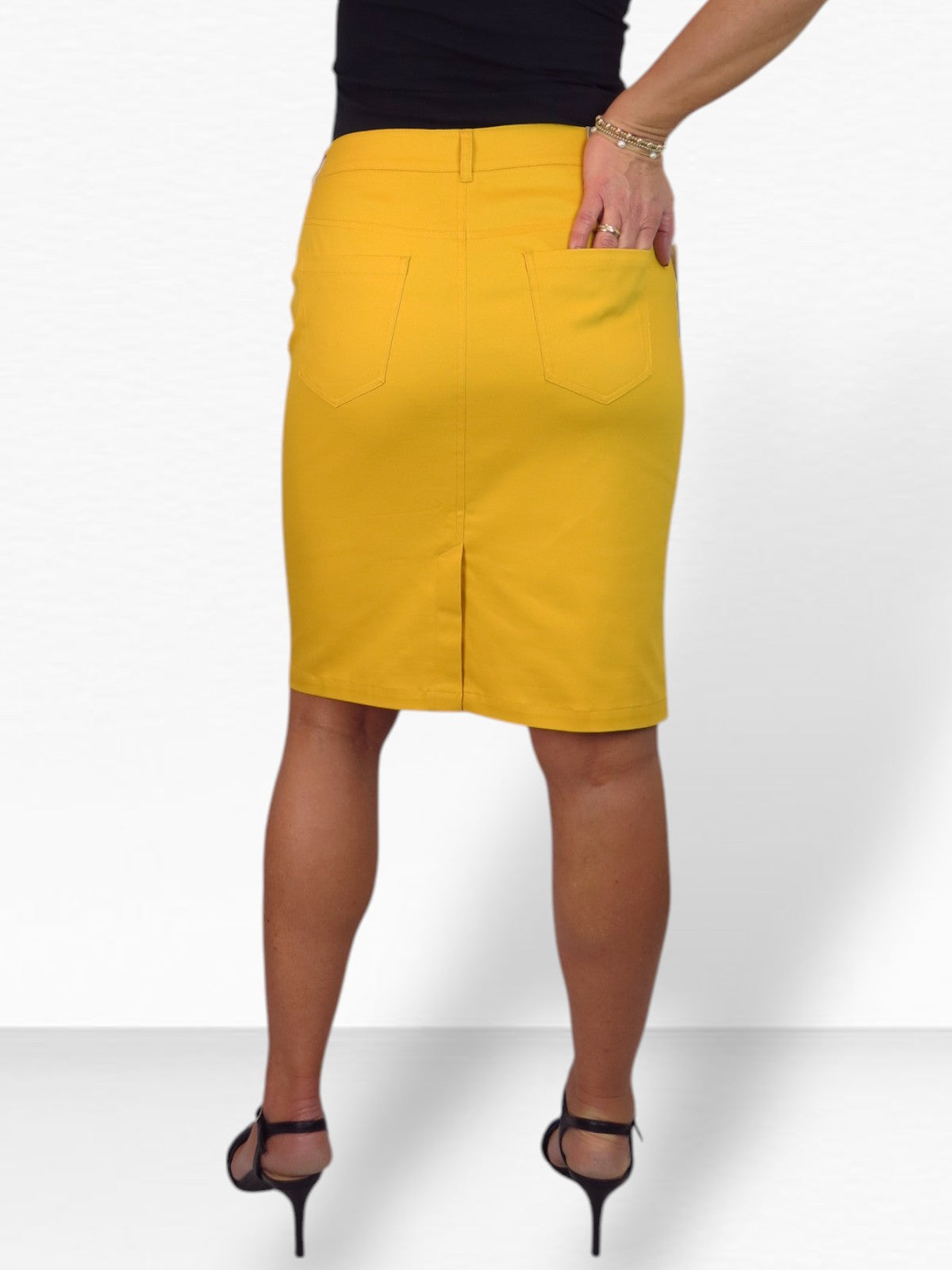 Women's Knee Length Stretch Chino Pencil Skirt Mustard Yellow