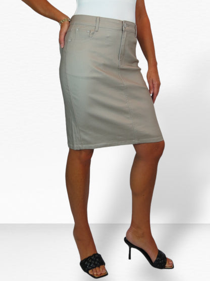 Women's Coated Leather Look Pencil Skirt Stone Beige