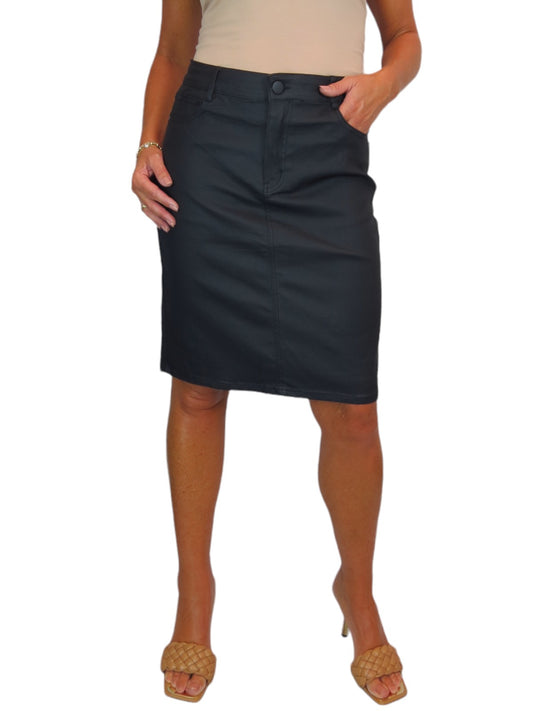 Women's Coated Leather Look Pencil Skirt Matte Black