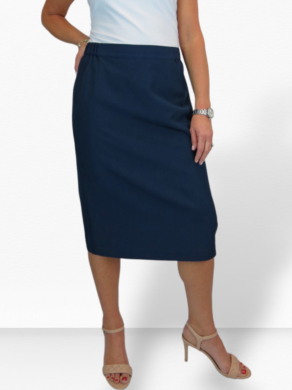 Women's Smart Elasticated Waist Pencil Skirt Navy Blue