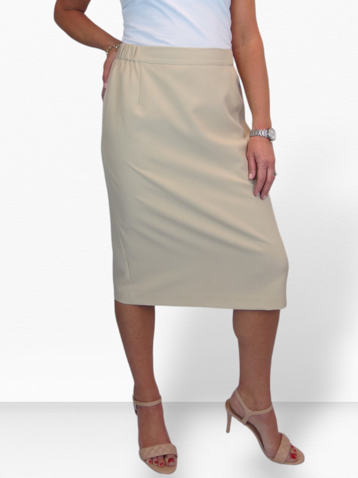 Women's Smart Elasticated Waist Pencil Skirt Beige