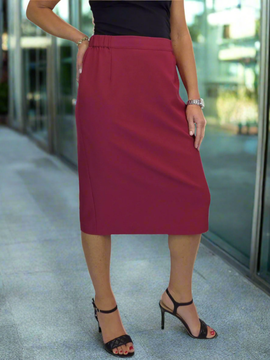 Women's Smart Elasticated Waist Pencil Skirt Burgundy