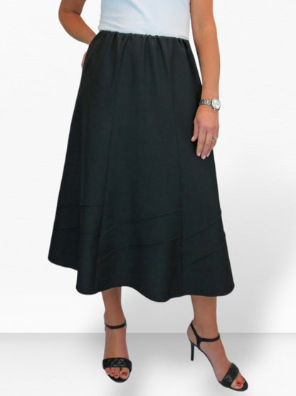 Women's Smart Flared Midi Skirt Elastic Waist Black