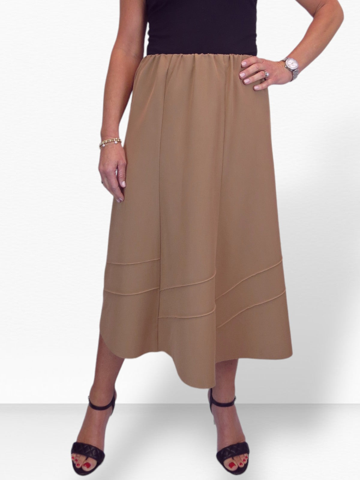 Women's Smart Flared Midi Skirt Elastic Waist Tan