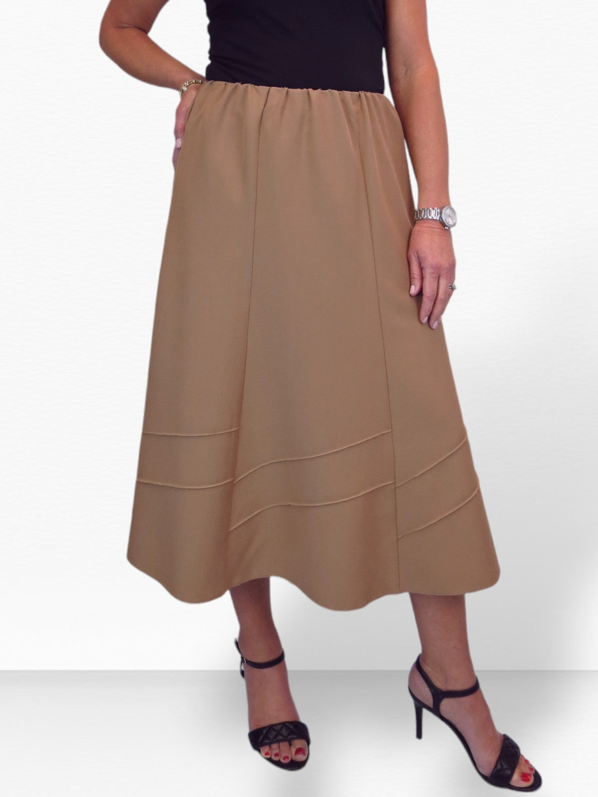 Women's Smart Flared Midi Skirt Elastic Waist Tan