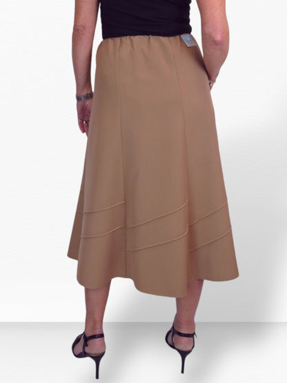 Women's Smart Flared Midi Skirt Elastic Waist Tan