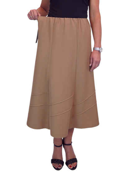 Women's Smart Flared Midi Skirt Elastic Waist Tan