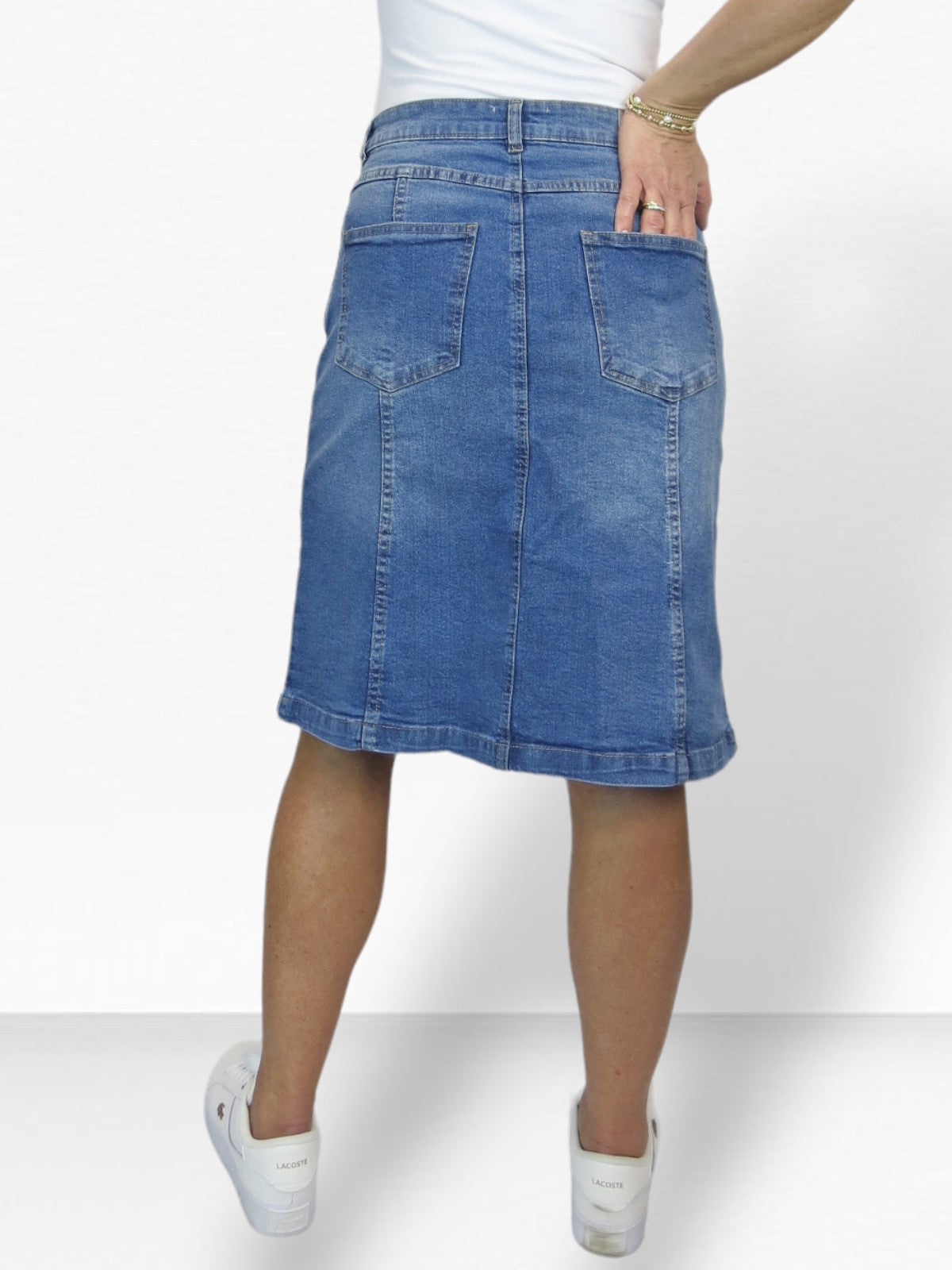 Women s Panelled Denim A Line Skirt Mid Blue Faded