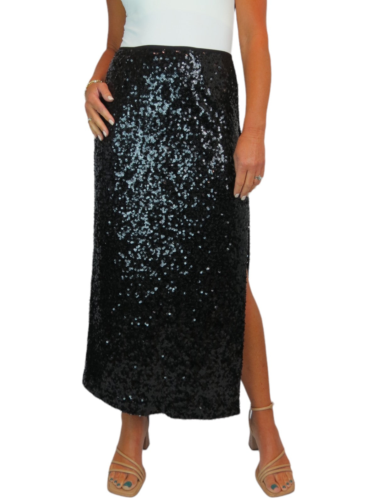 Womens Sequin Maxi Skirt With Side Slit Black