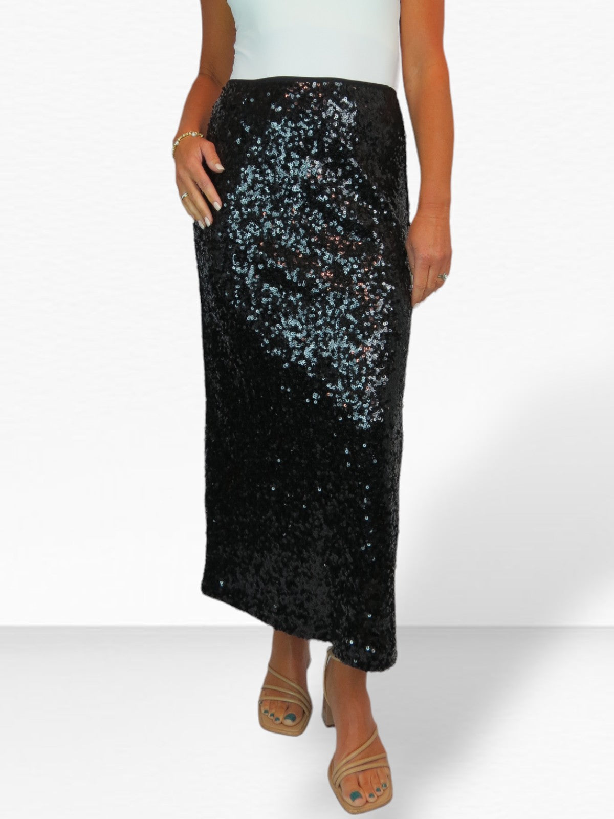 Womens Sequin Maxi Skirt With Side Slit Black