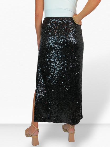 Womens Sequin Maxi Skirt With Side Slit Black