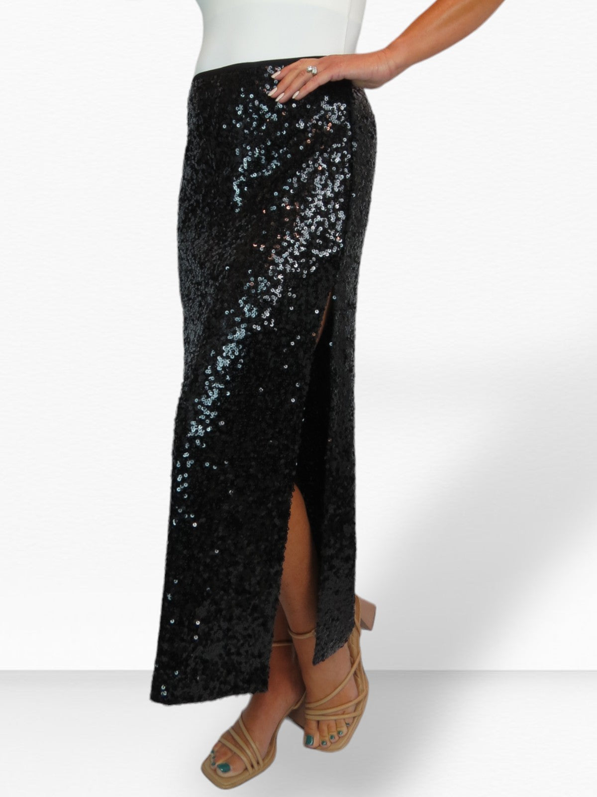 Womens Sequin Maxi Skirt With Side Slit Black